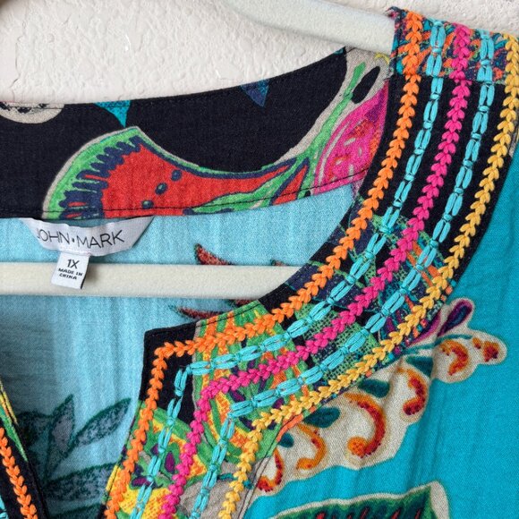 John Mark 1X Boho Vacation Tropical Floral Print Tunic Top Embroidered Trims - Picture 2 of 11